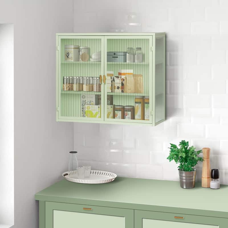 Roomfitters 27.56" Modern Glass Door Wall Cabinet with Three-Tier Storage for Entryway, Living Room, Bathroom