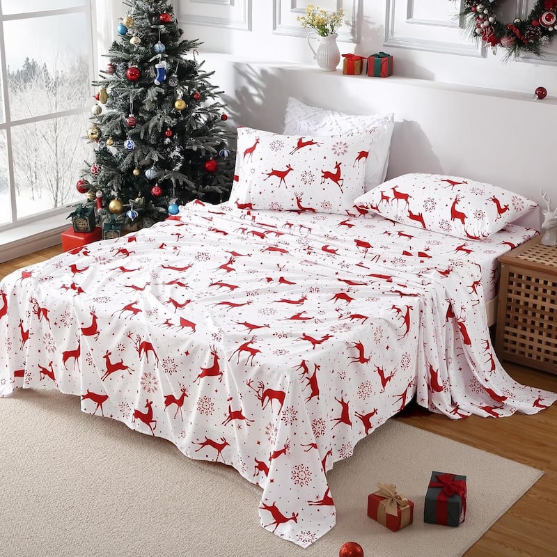 Christmas Soft Red Reindeer Holiday Bed Sheets Set with 16 Inches Deep Pocket - Queen