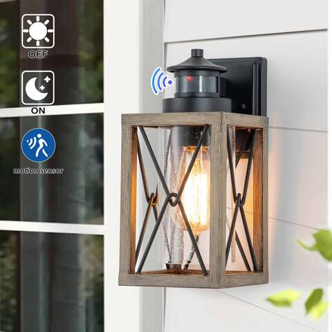 1-Light Black and Faux Wood Motion Sensor Outdoor Wall Sconce - Black&Faux Wood