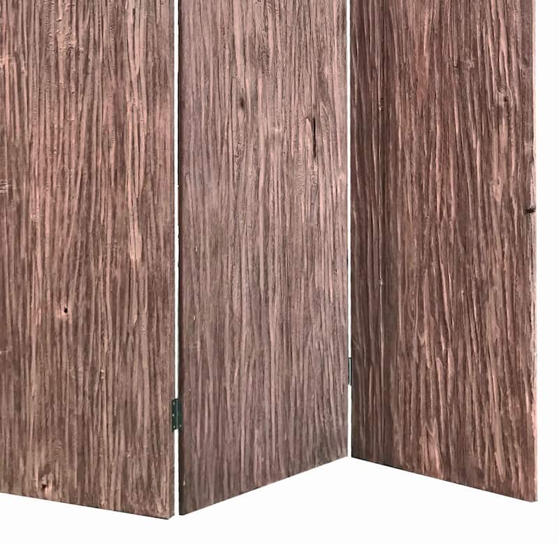Textured and Bark Designed Wooden 3 Panel Room Divider , Natural Brown