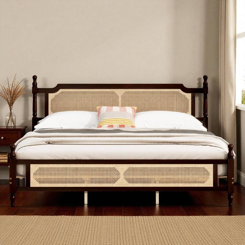 Queen/King Size Pine Wood Bed with Rattan Headboard and Footboard, Solid Frame with Central Support and Under-Bed Storage