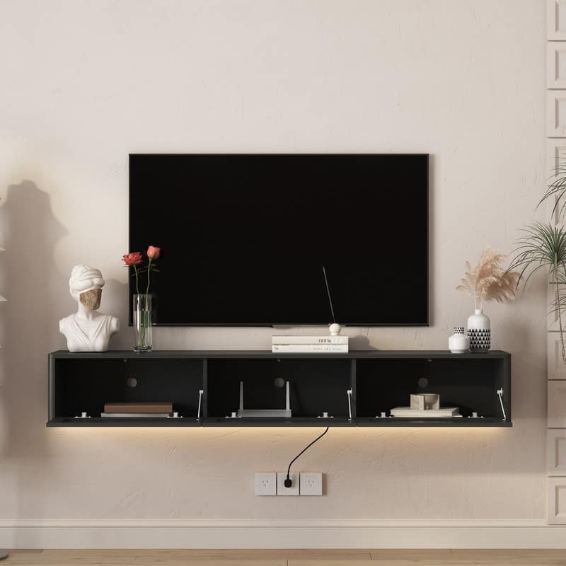 Floating 68" Wall Mounted TV Stand for TVs up to 75", Media Console Table with LED Lights and Power Outlet