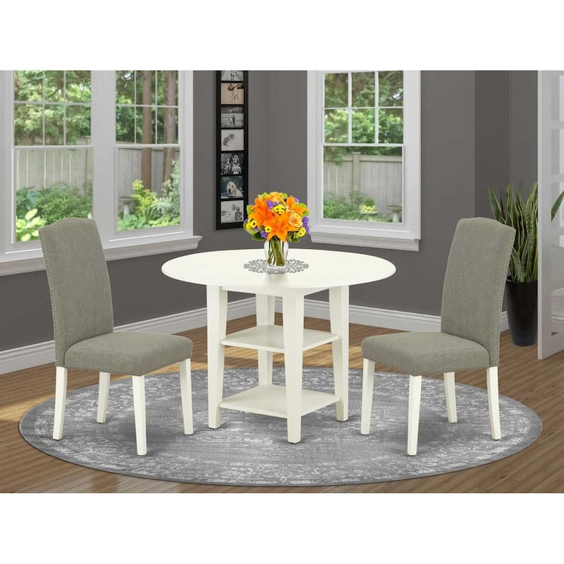 French Country Dining Set - 3Pc Table & 2 Chairs - Linen White Legs - Dark Shitake Fabric