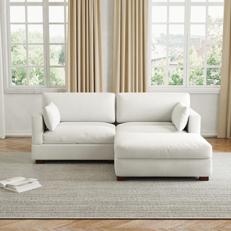 85in.W Corduroy Modular 3-Piece L-Shaped Sectional Sofa with Ottoman - Beige