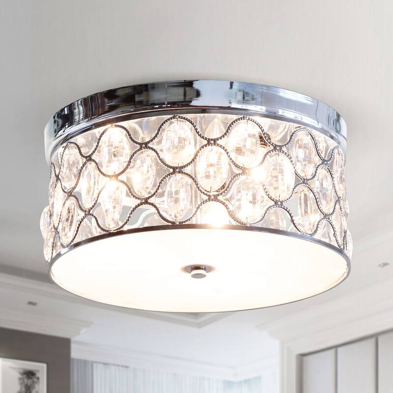 Glame 3-Light Chrome Low Profile Flush Mount Crystal Ceiling Light - 13.8-in W x 6.7-in H