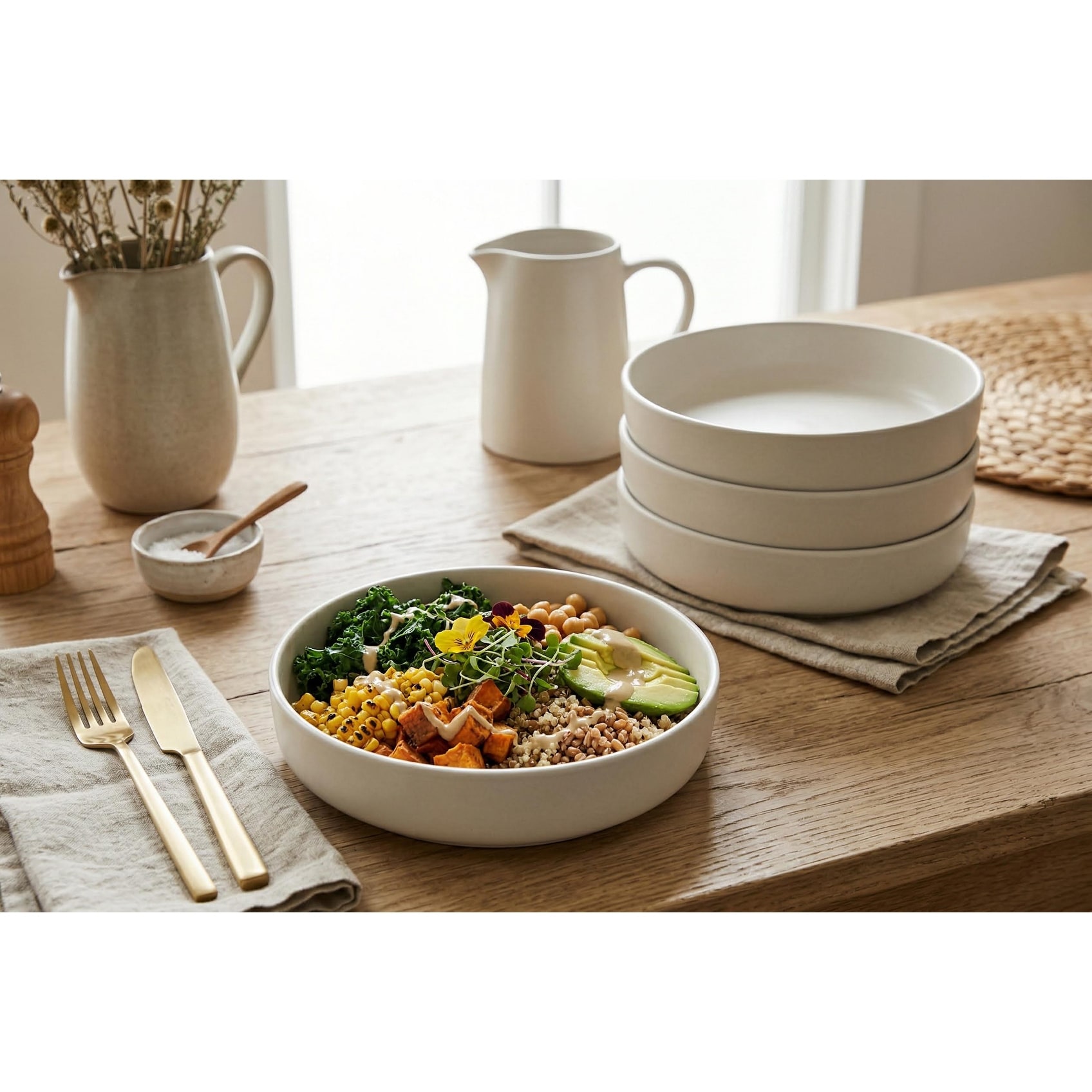 S&CO Home Lisbon Dinner Bowls, Set of 4, 8.6-inch Stoneware for Pasta and Salad, Modern Stackable Design, Matte Off White