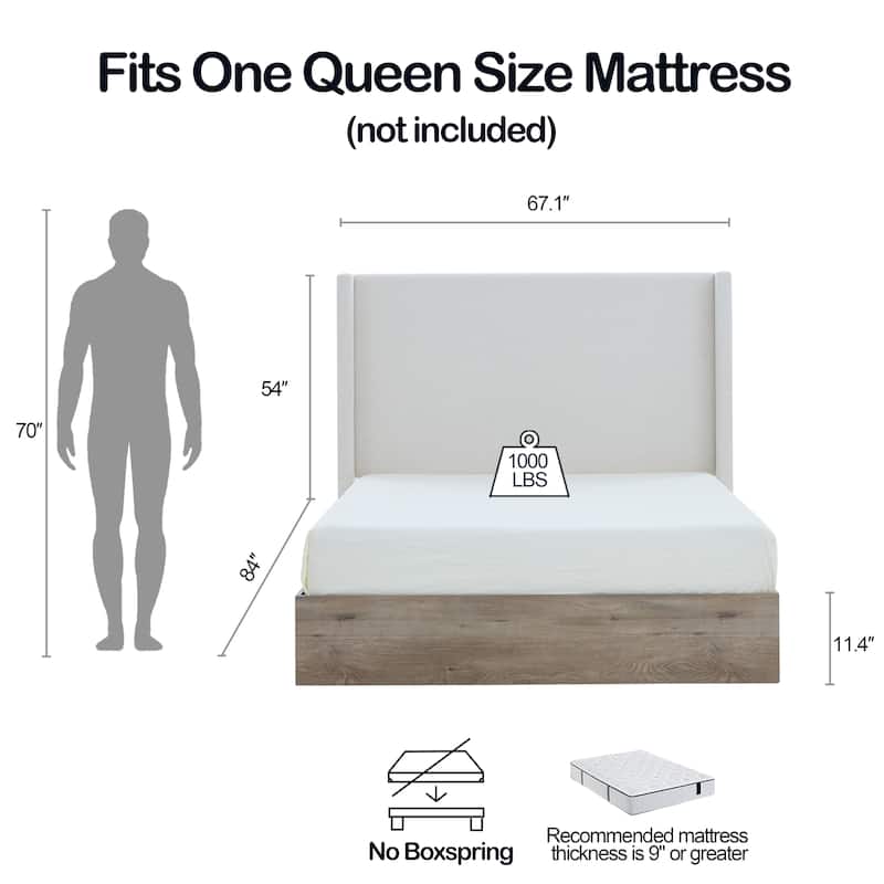 Shelton Upholstered Wingback Bed (Queen) - 54" Headboard, Wood Base, Ivory Canvas Chenille, Rustic/Modern Farmhouse/Scandinavian