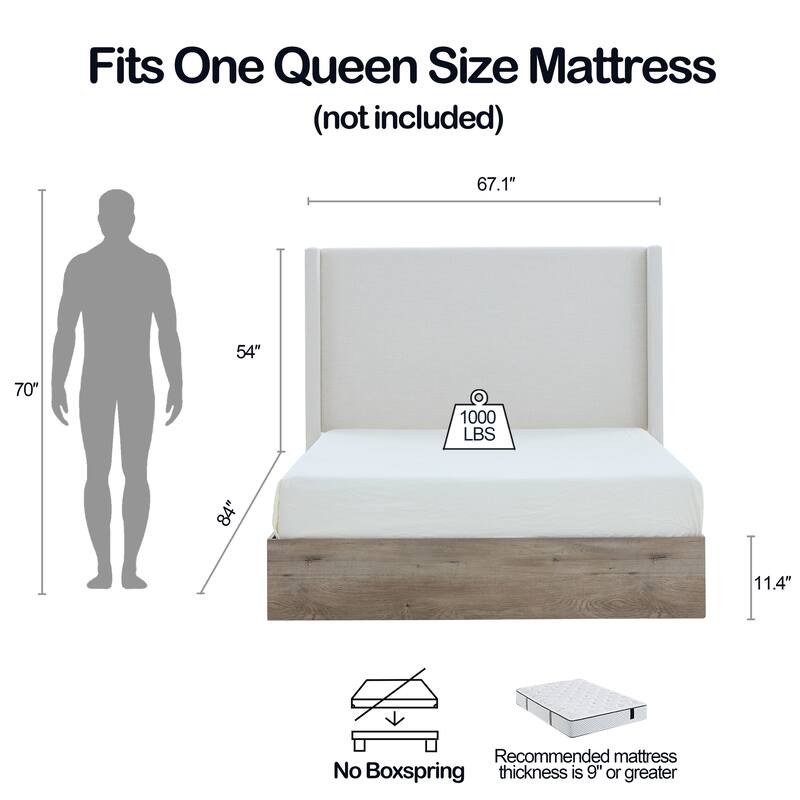 Upholstered Wingback Bed / 54" High Headboard / Wood Base / Rustic / Modern Farmhouse / Neutral / Scandinavian, Queen