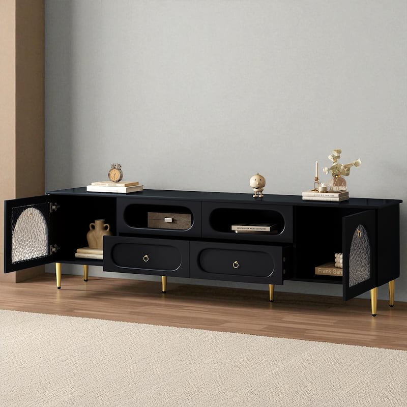 78.8" Retro Entertainment Center Media Console, 6 Metal Legs, Glass Display Doors, 2 Cabinets, 4 Drawers, for 85" TV