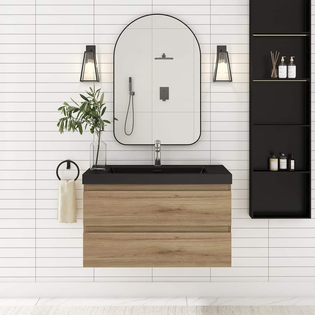24/30/36 inch Wall-Mounted Bathroom Vanity Set in F. Oak with Integrated Black Resin Sink