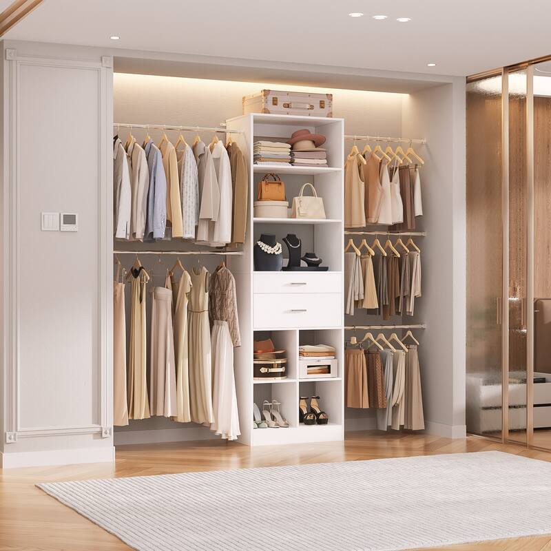 66''-100'' Walk-in Closet Organizer with 5 Hanging Rods and 2 Wooden Drawers，4-8FT Sturdy Closet System with Storage Shelves - White