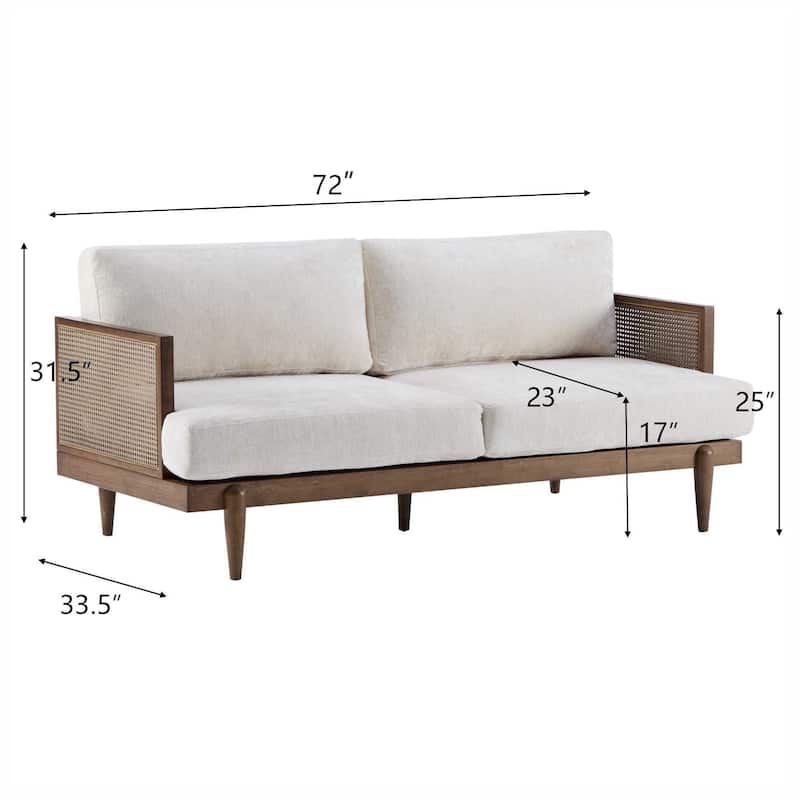 Minimalist Sofa Couch with Rattan Armrests, 3-Seater Sofa Couch Walnut Settee Couch with Wooden Frame