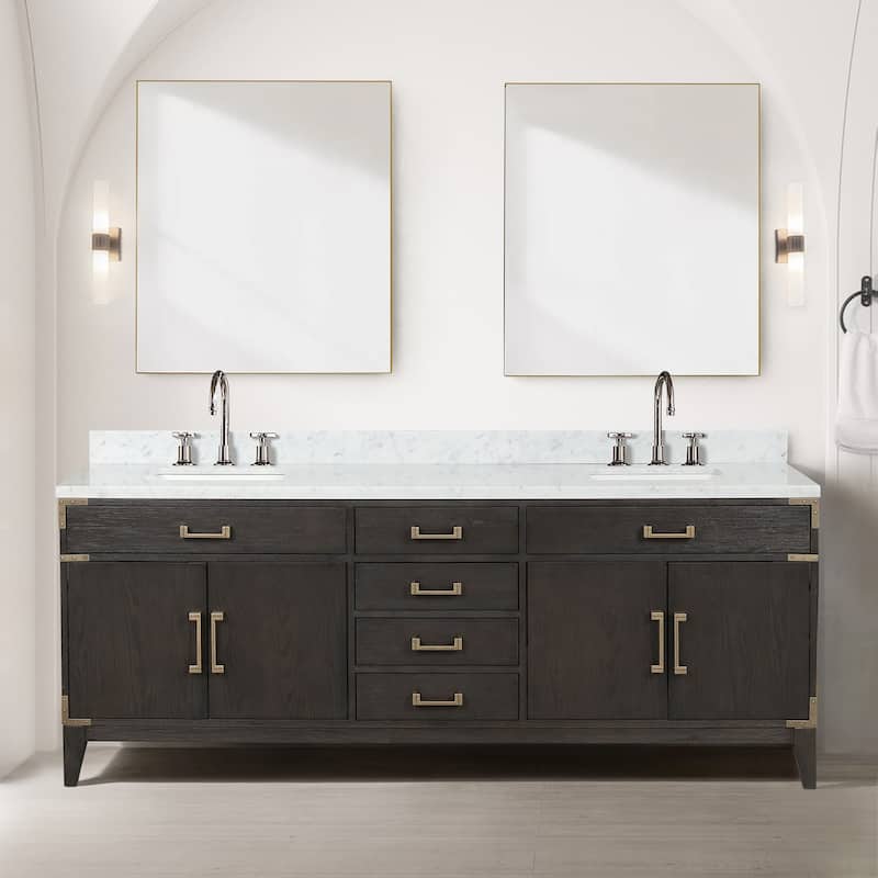 Lexora Laurel Bath Vanity, Carrara Marble Top, and Mirror - 84 Inch - Black Oak