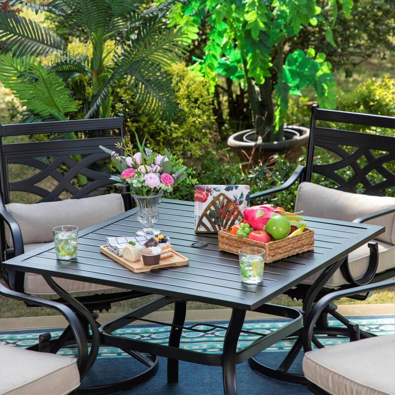 MAISON ARTS 5-Piece Outdoor Dining Set Steel Square Table & Elegant Cast Iron Pattern Dining Chairs