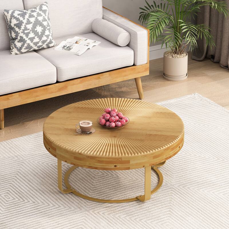 Modern Wooden Carving Pattern Coffee Table with Metal Legs