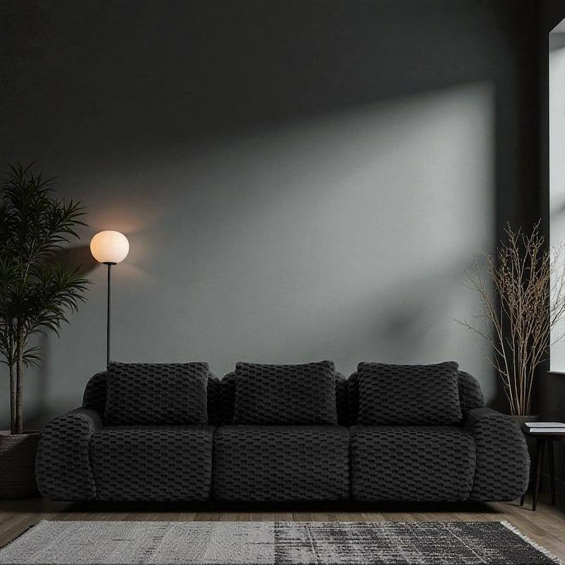 114" Modern Modular Flannelette Sectional Sofa, Oversized 3-Seater Deep Seat Boneless Couch with Buckle Connection - Black