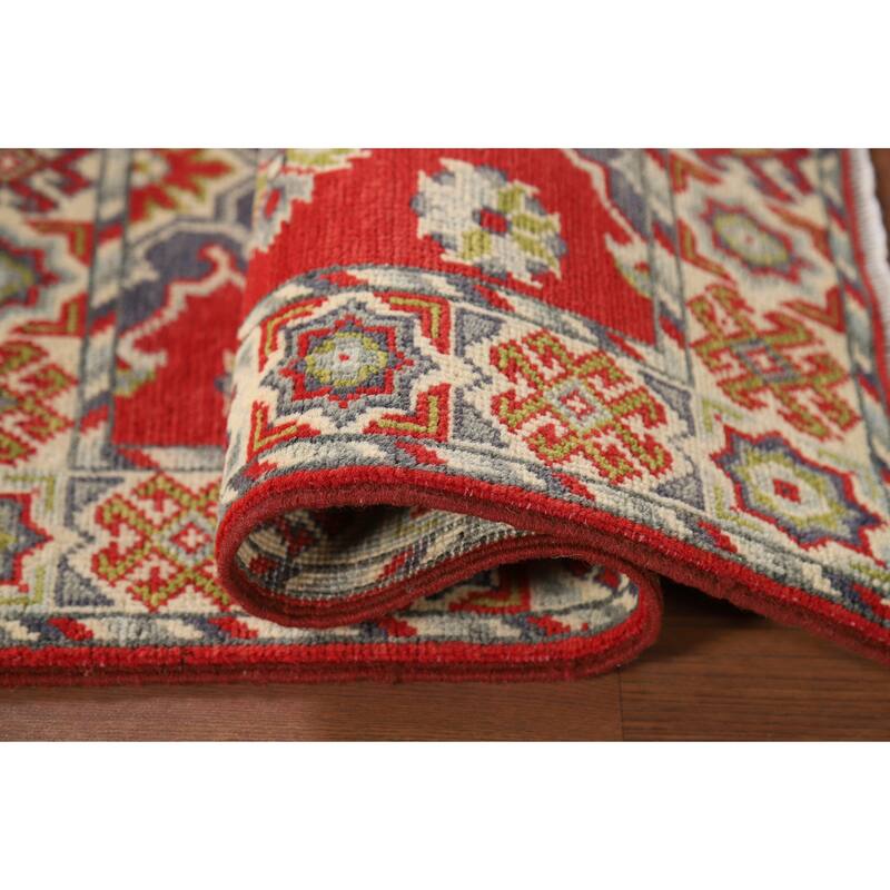 Red Kazak Oriental Foyer Rug Hand-Knotted Geometric Wool Carpet - 2'0" x 3'1"