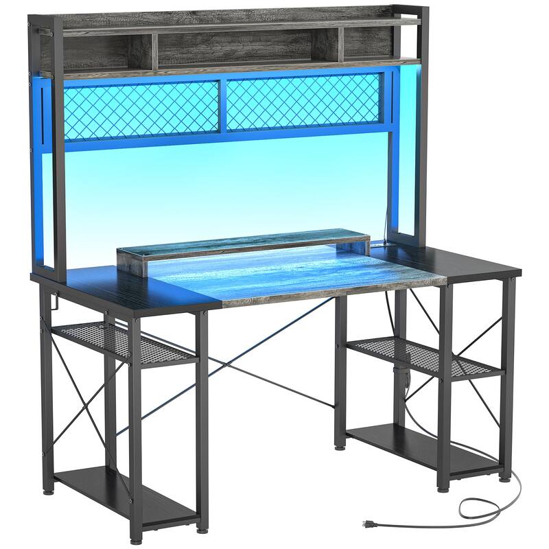 Gaming Deck with Charge Station and LED Light, Computer Table with Hutch and Shelves - 47'' - Grey Oak&Black