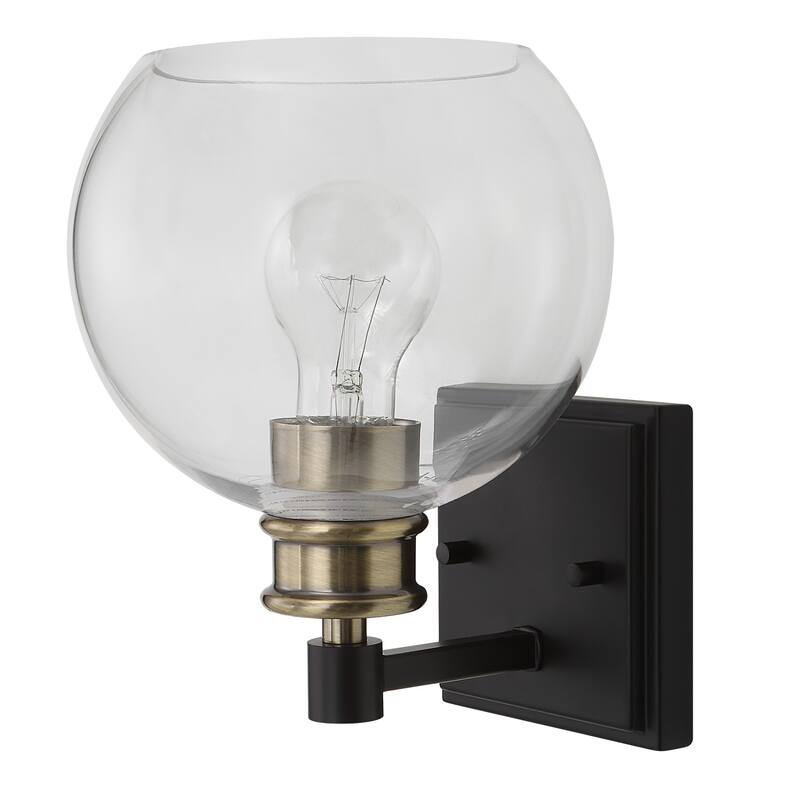 1-Light Wall Sconce with Round Glass Shades - 9.25" - Black and Antique Brass