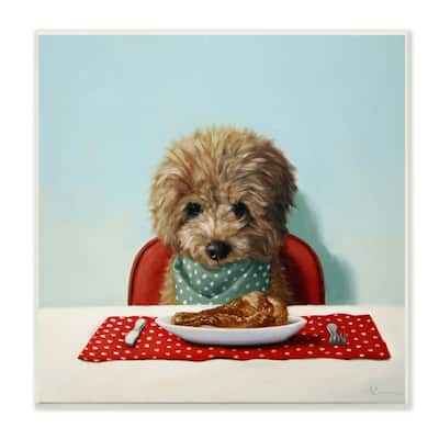 Stupell Industries Fluffy Pet Dog At Dinner Table Turkey Leg Wood Wall Art - Blue