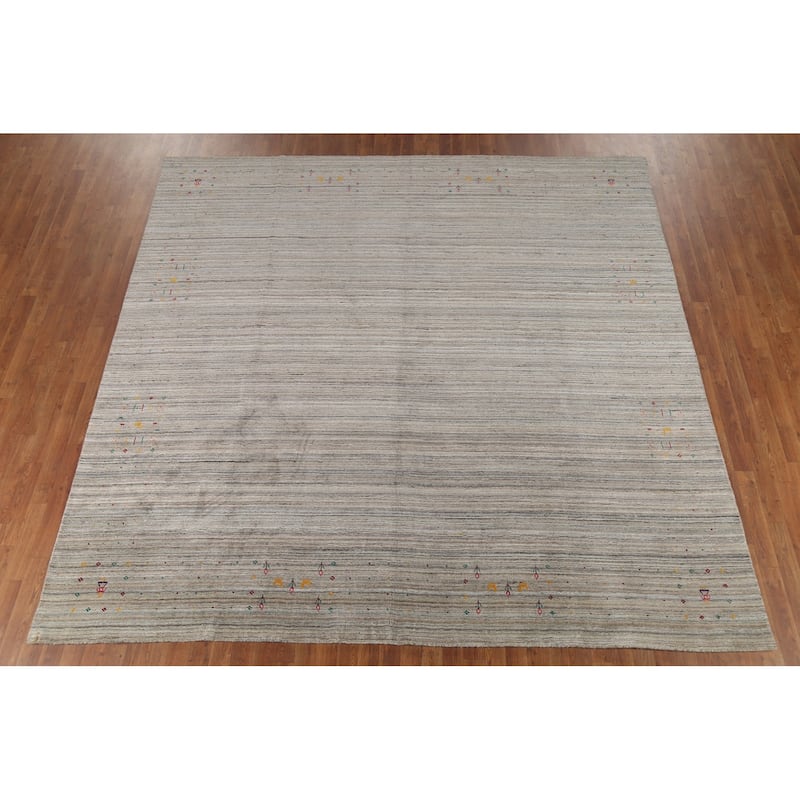 Striped Gabbeh Square Area Rug Handmade Beige Wool Carpet - 9'8"x 9'7"