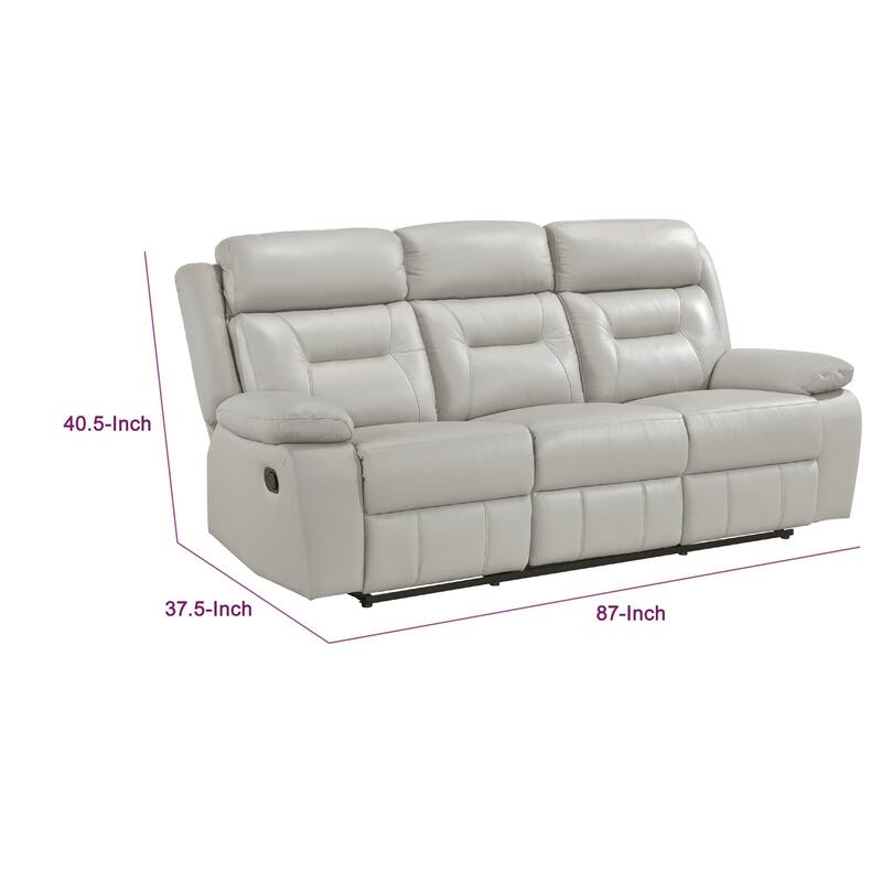 Conia Manual Double Reclining Sofa, Light Gray Silver Leather, 87 Inch