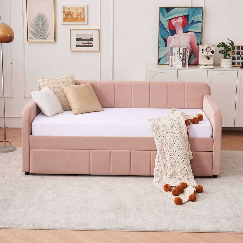 Twin Daybed with Trundle, Upholstered Velvet Frame, Space Saving Daybed Bed for Guest Room