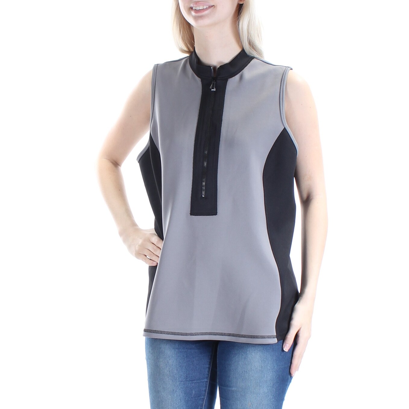 Shop Anne Klein Womens Gray Scuba Color Block Sleeveless Zip Neck