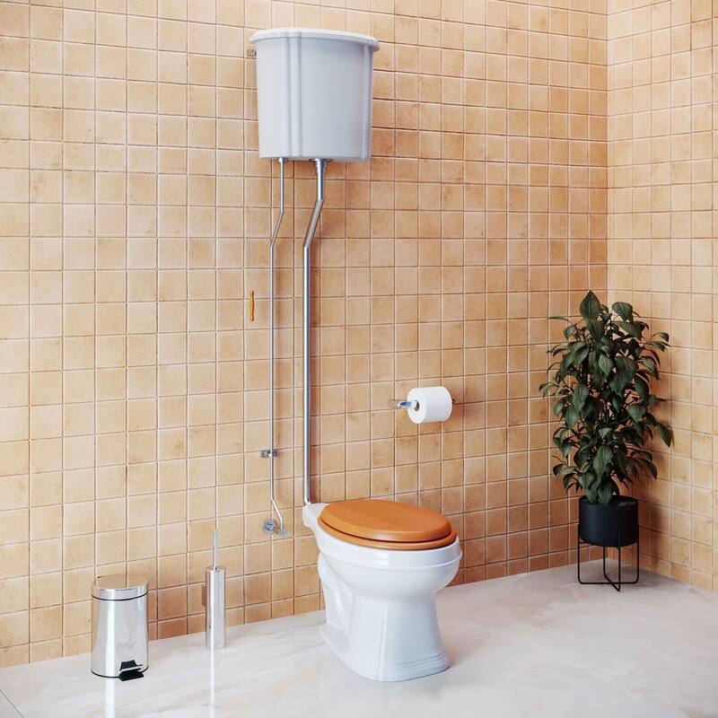Light Oak Wooden High Tank Toilet Raised Tank, White Elongated Bowl and Satin L Pipe