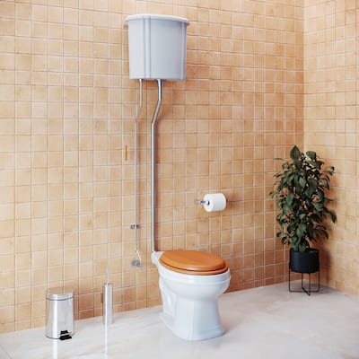 Light Oak Wooden High Tank Toilet Raised Tank, White Elongated Bowl and Satin L Pipe