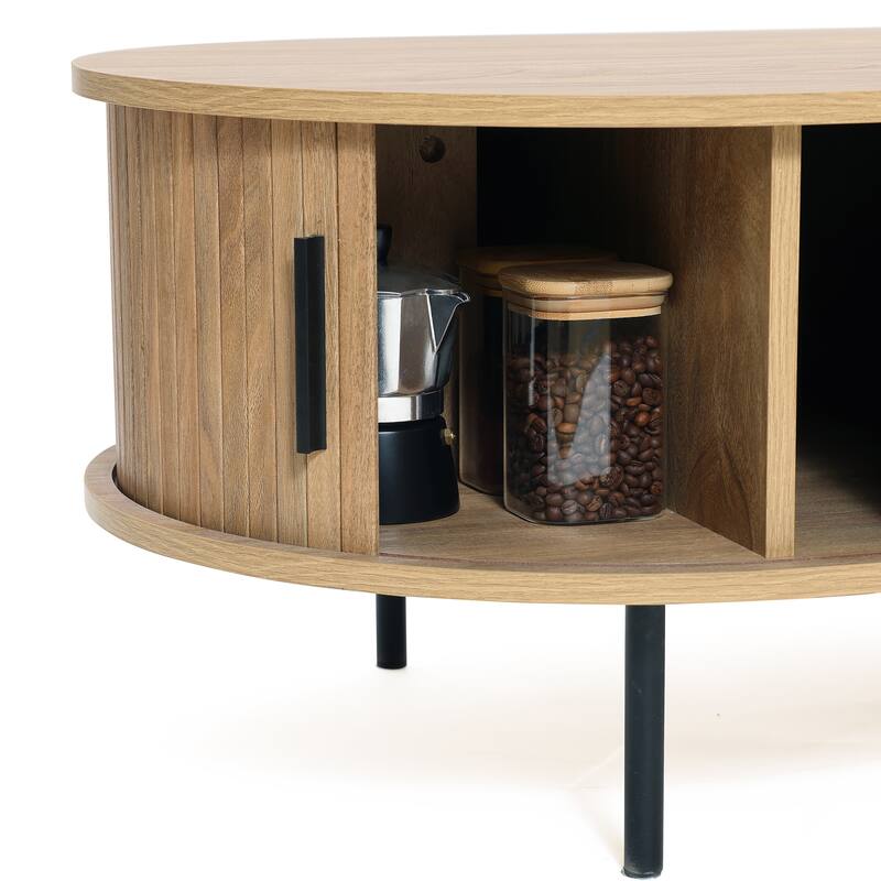 Mid-Century Modern Coffee Table with Storage and Slatted Sliding Doors - 15.7" H x 47.2" W x 23.6" D