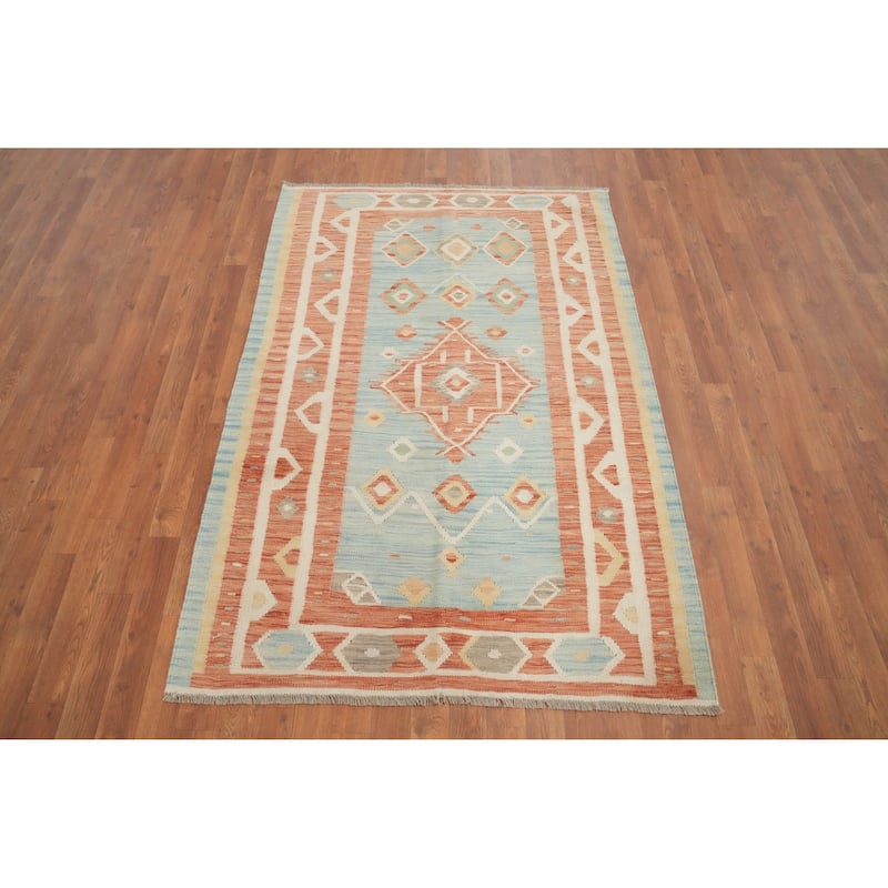 Hand Woven Oriental 100% Wool Carpet Southwestern Tribal Navy Blue & Blues Kilim Area Rug - 5' 11'' X 4' 0''