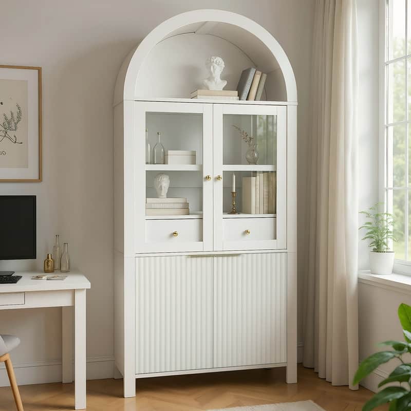 71" Tall Fluted Arched Pantry Cabinet with Glass Doors and Adjustable Shelves for Elegant Kitchen Storage