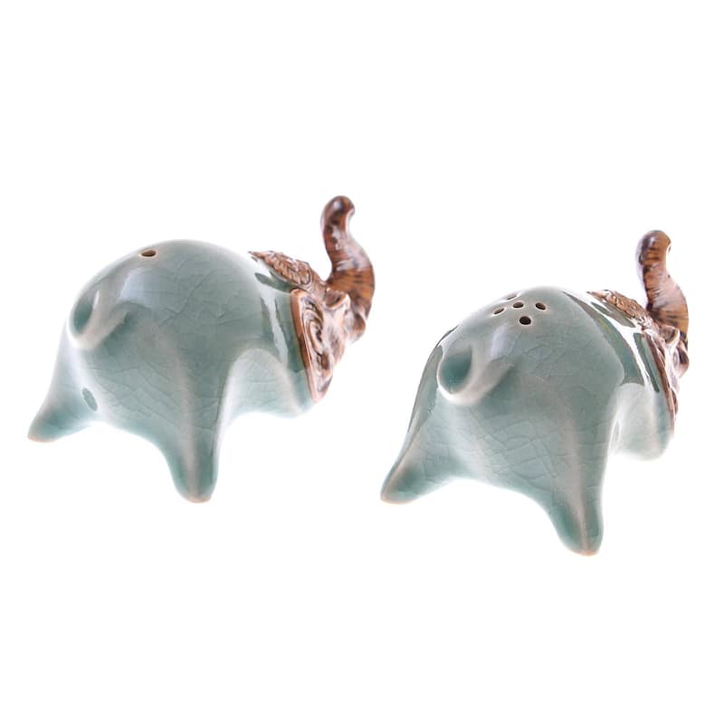 Handmade Crouching Elephants In Green Celadon Ceramic Salt And Pepper Shakers (Pair) Thailand - 2" H x 2" W x 3.7" D