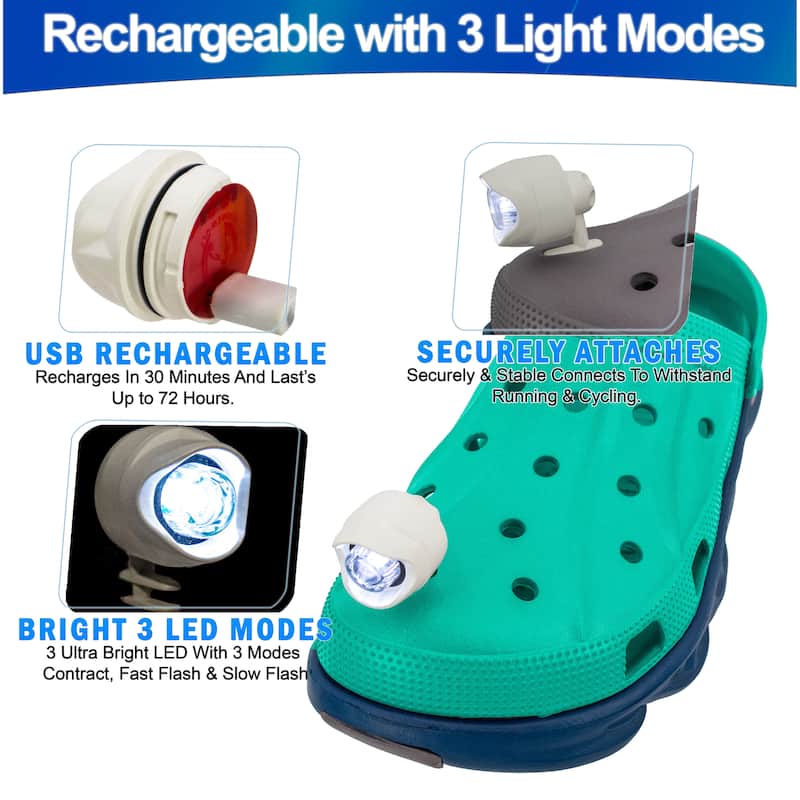 LED Shoe Lights For Crocs - USB Rechargeable, Ultra-Bright Headlights for Shoes, 3 Modes, Waterproof Clip On - regular