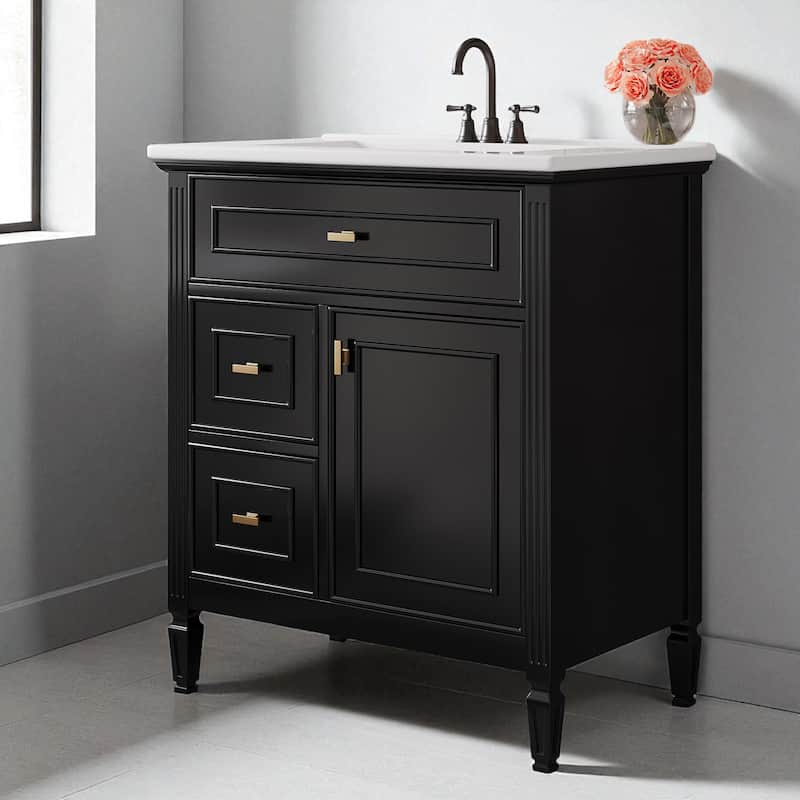 30" Bathroom Vanity with Sink, Freestanding Cabinet with Flip Drawer, Adjustable Shelf, Solid Wood and MDF Construction - Black