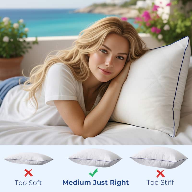 Set of 2 Goose Feather Medium-Firm Bed Pillows for Side & Back Sleepers with Quilted Cover - White