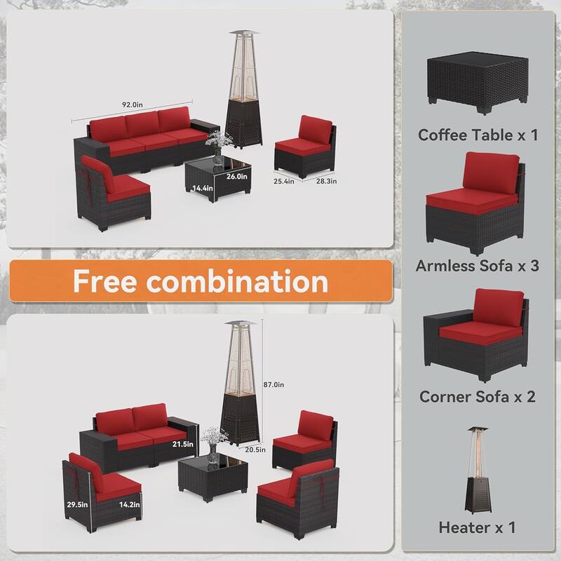 Outdoor Patio Furniture Set, All Weather PE Wicker Sectional Conversion Sofa set with Firepit(Optional)