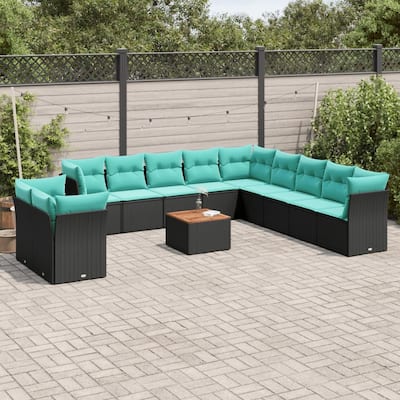 vidaXL 12 Piece Patio Sofa Set with Cushions Black Poly Rattan - 113.8x33.5x113.8