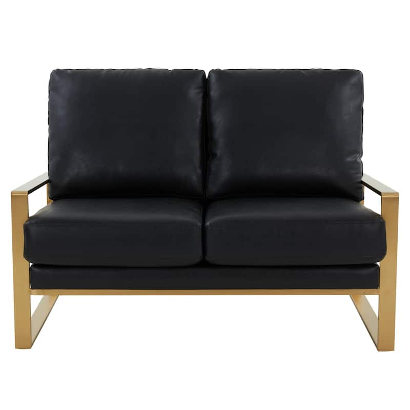 Jefferson Modern Leather Loveseat Gold with Gold Metal Base, Cushion Seating, Pocket Springs, and Protective Floor Pads - 53.1