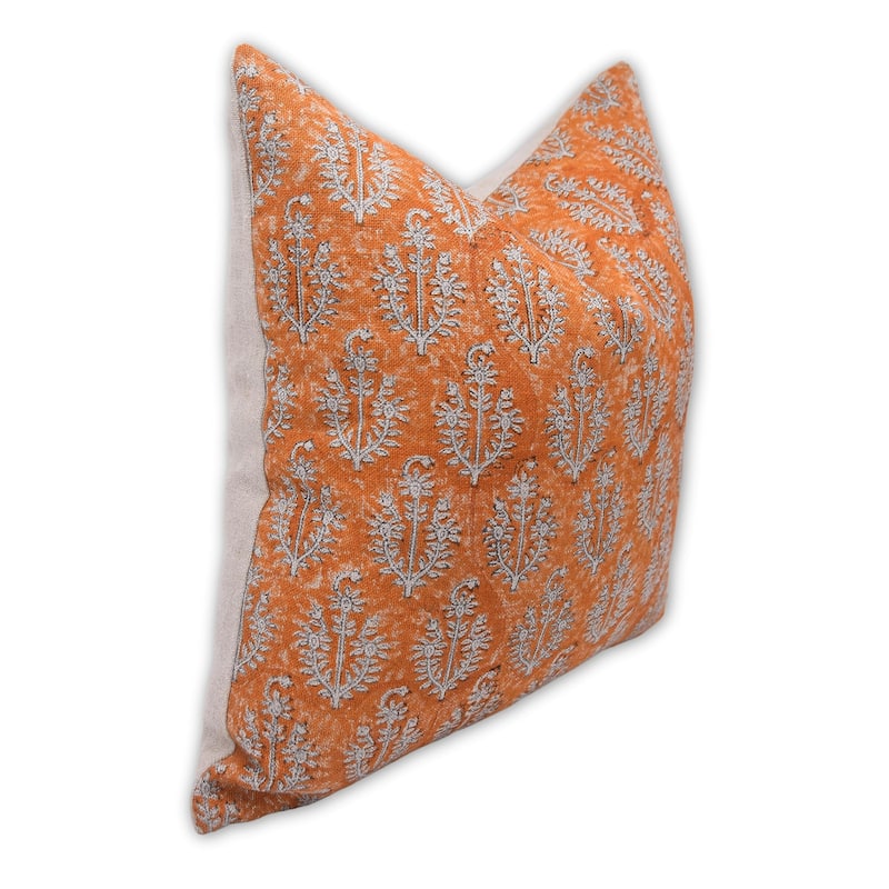 Fabdivine Floral Orange Pillow Cover Handmade Block Print, Neelgagan