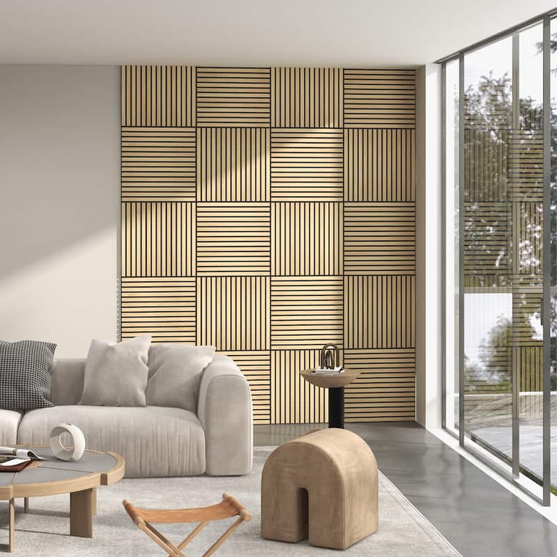 HOMCOM 4 Pack 3D Faux Wood Wall Panels, 24" x 24" Sound Absorbing Acoustic Panels, Wood Slat Wall Panels for Interior Wall Decor