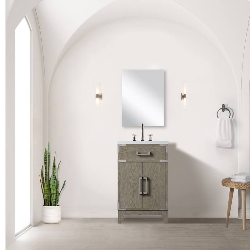 20 in. Black Oak Vanity with Acrylic Countertop, 18 in. Mirror, and Chrome Gooseneck Faucet Set - Compact Bathroom Sink