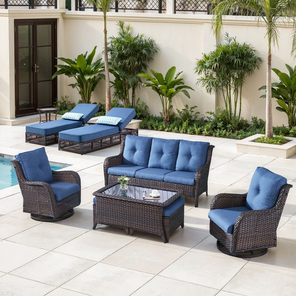 Gymojoy Luxury Outdoor Wicker Patio Furniture with 3 Seat Sofa, Chaise Lounge Chair，Swivel Chair, Rattan Coversation Set