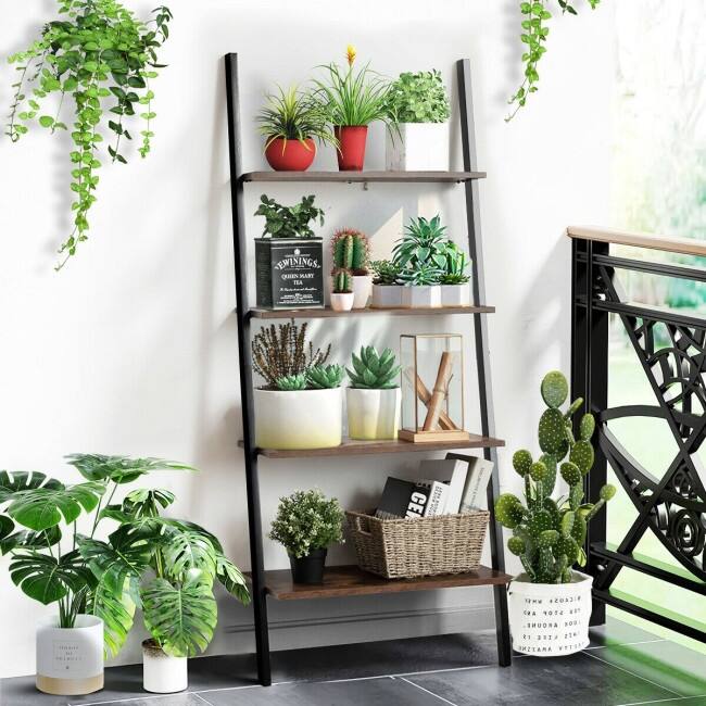 Multipurpose 4-Tier Industrial Leaning Wall Bookcase with Metal Frame - 25'' x 14'' x 60'' (L x W x H)