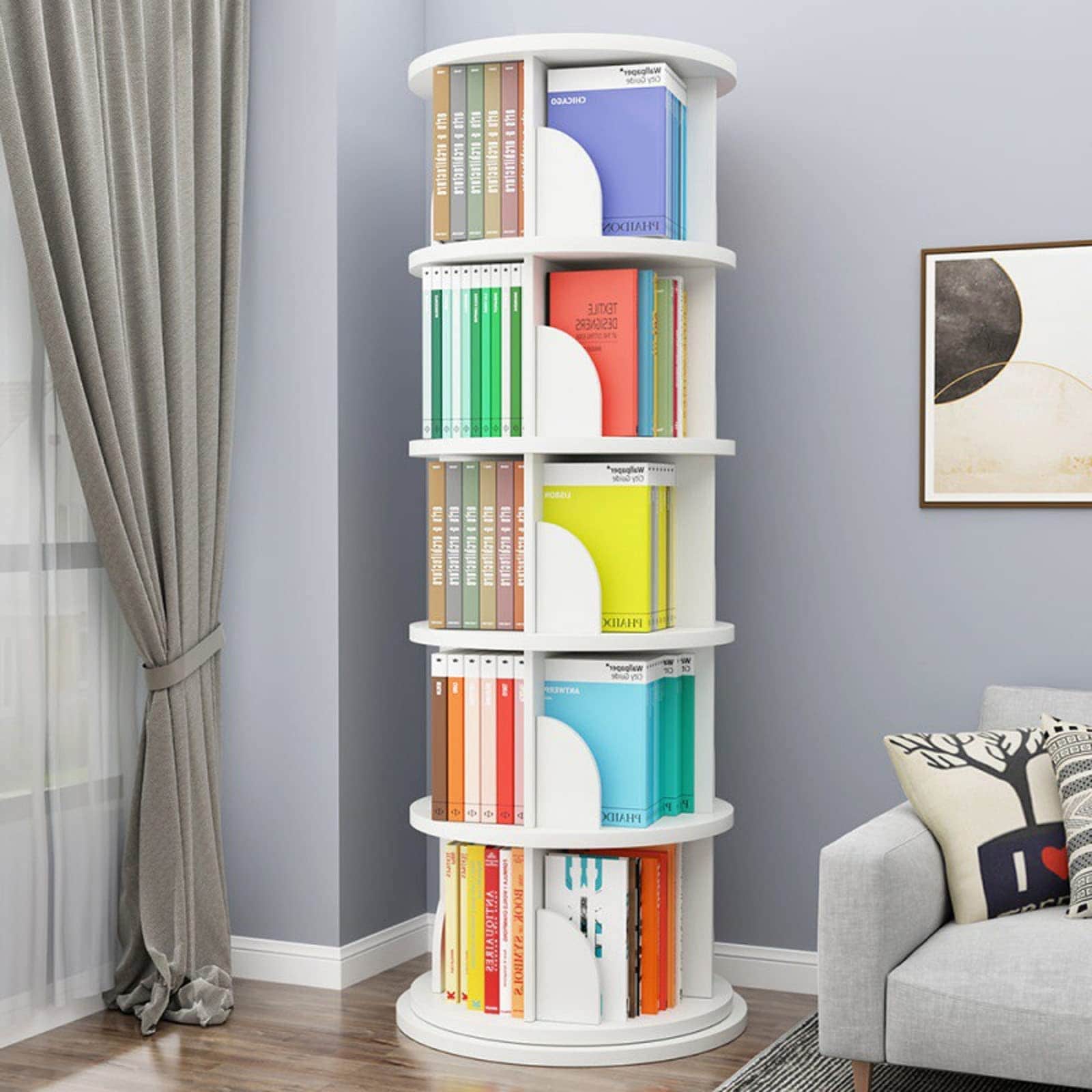  foriy 5 Tier Rotating Bookshelf High-Density Bookcase Modern  360° Tall Book Shelf Storage Display Rack Floor Standing Shelves with  Baffle for Home Living Room Study Office White (63''X18''X18'') : Home 