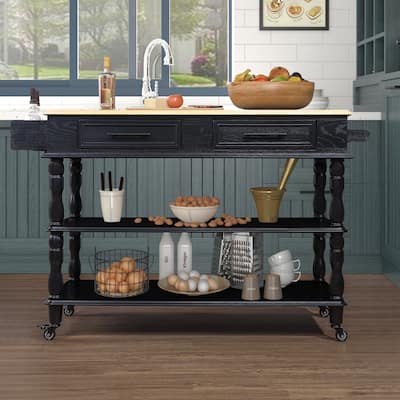 Open 2-sided Kitchen Island on Wheels with OAK Wood Top, Portable Rolling Kitchen Cart with Towel Rack and Spice Rack, Black