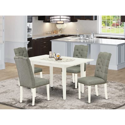 HomeStock 5-Pc Linen White Solid Wood Top - Rectangular Button Tufted Upholstered Dining Room Set with Butterfly Leaf - Seats 4