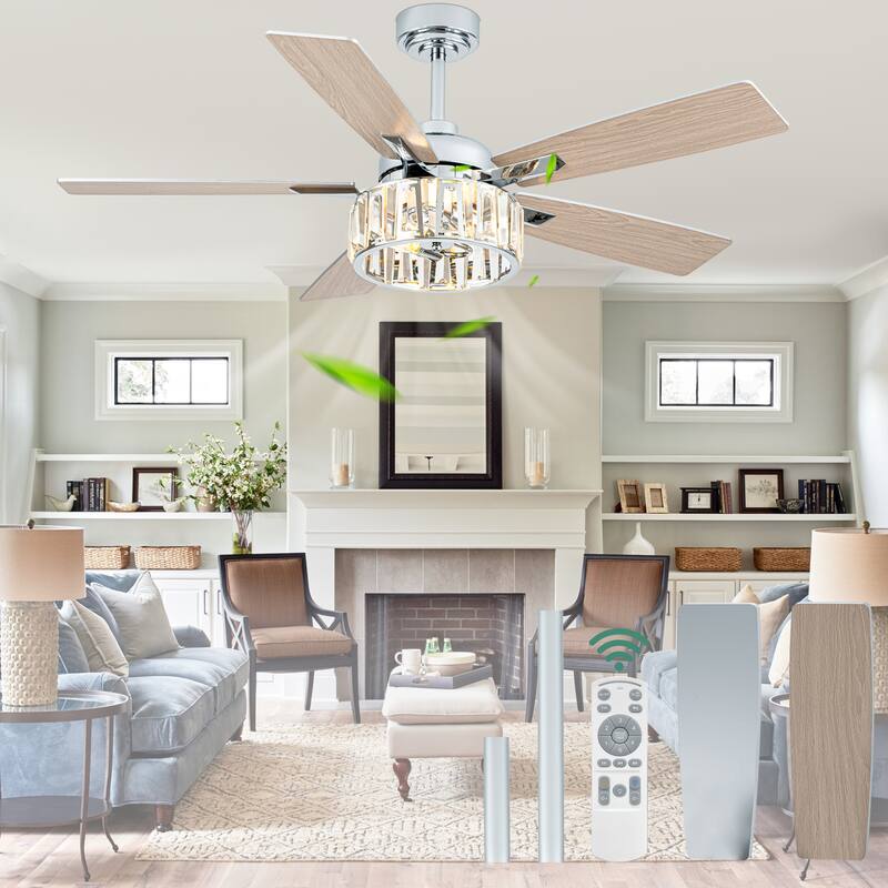 Cusp Barn 52 Inch Chandelier Crystal Modern Chrome Ceiling Fan with Light, Farmhouse Caged DC Motor Reversible Ceiling Fan