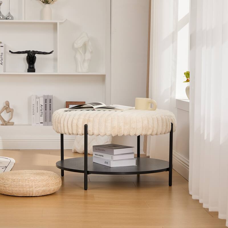 Modern Round Coffee Table with Open Storage Shelf with Black Metal Legs, for Living Room Bedroom Entryway